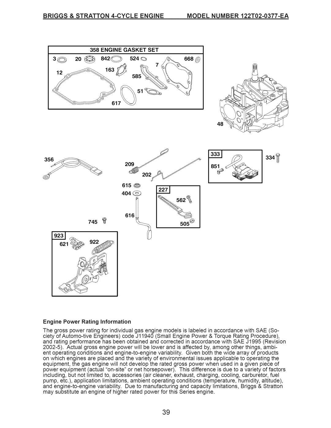 Craftsman 917.385270 owner manual Briggs & Stratton 4-CYCLE Engine, 668 617 745 621 Engine Power Rating information 