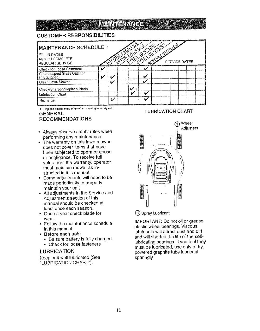 Craftsman 917.386410 owner manual Customer Responsibilities, General Recommendations, Lubrication Chart 