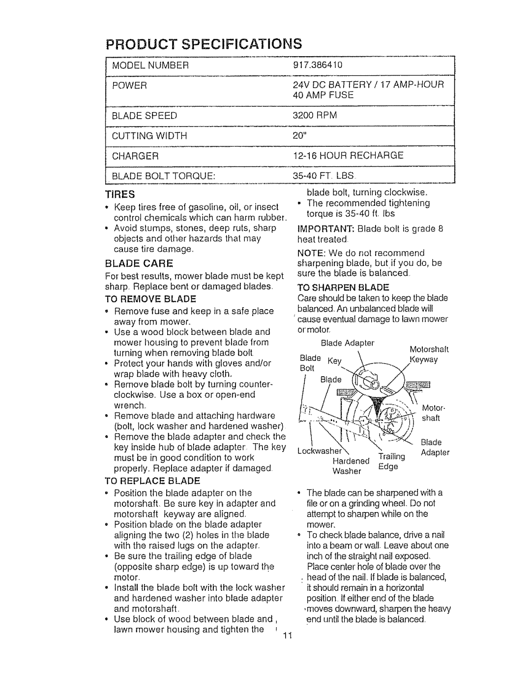 Craftsman 917.386410 owner manual Tires, Blade Care 