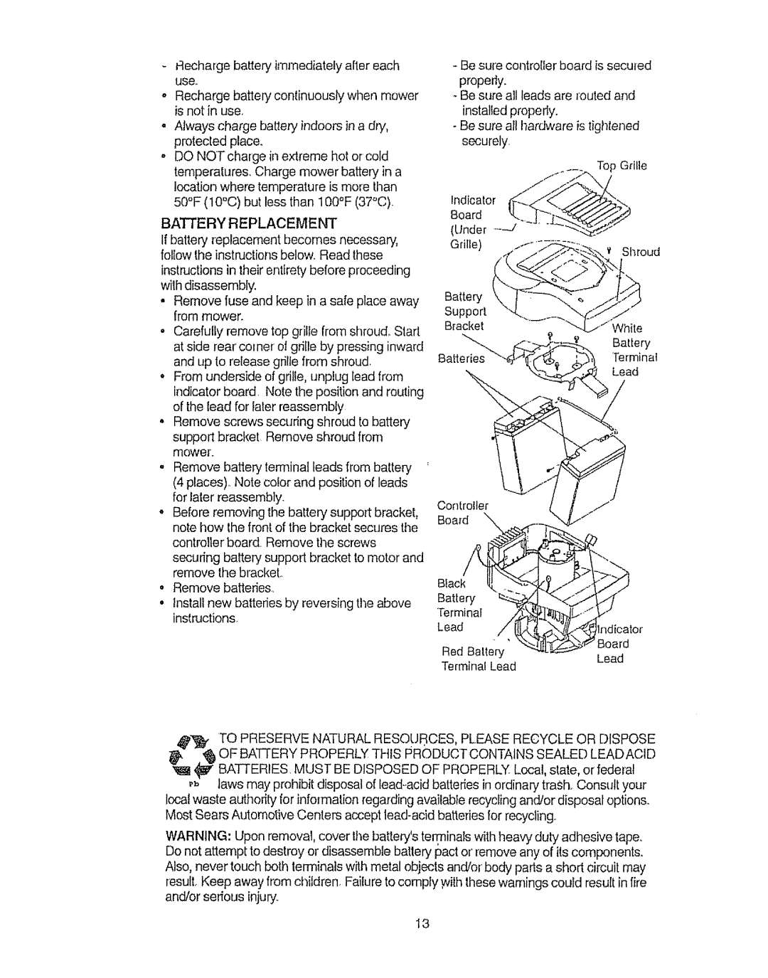 Craftsman 917.386410 owner manual Rechargebatteryimmediatelyaftereach, Baitery Replacement 