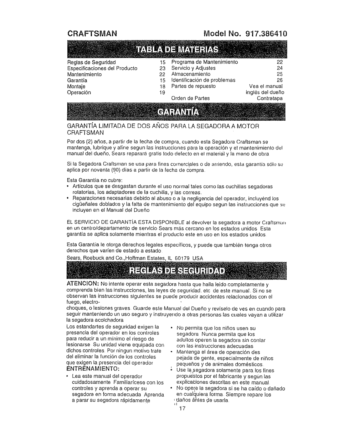 Craftsman 917.386410 owner manual Craftsman, Entrenamiento 