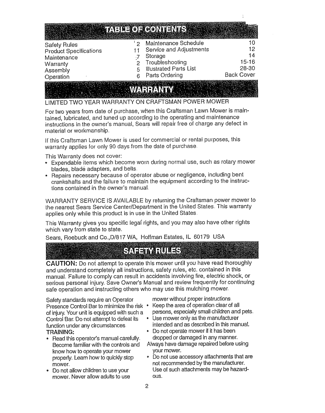 Craftsman 917.386410 owner manual Palls Ordering, Limited TWO Year Warranty on Craftsman Power Mower 