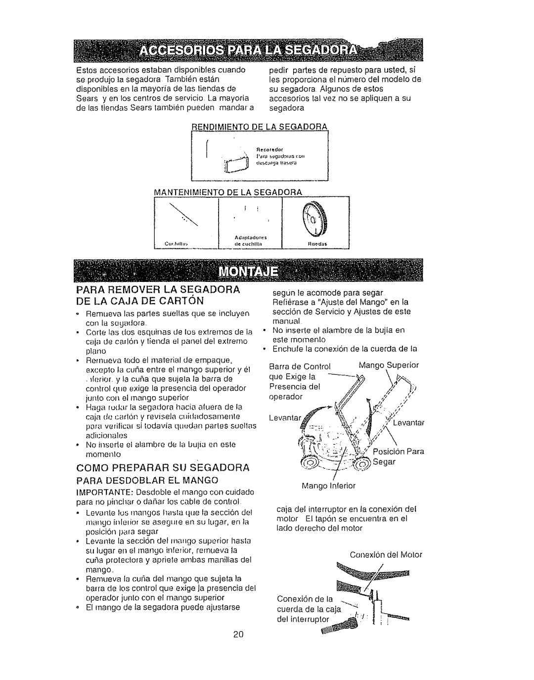 Craftsman 917.386410 owner manual Para Remover LA Segadora DE LA Caja DE Carton, Rendimiento DE LA Segadora 