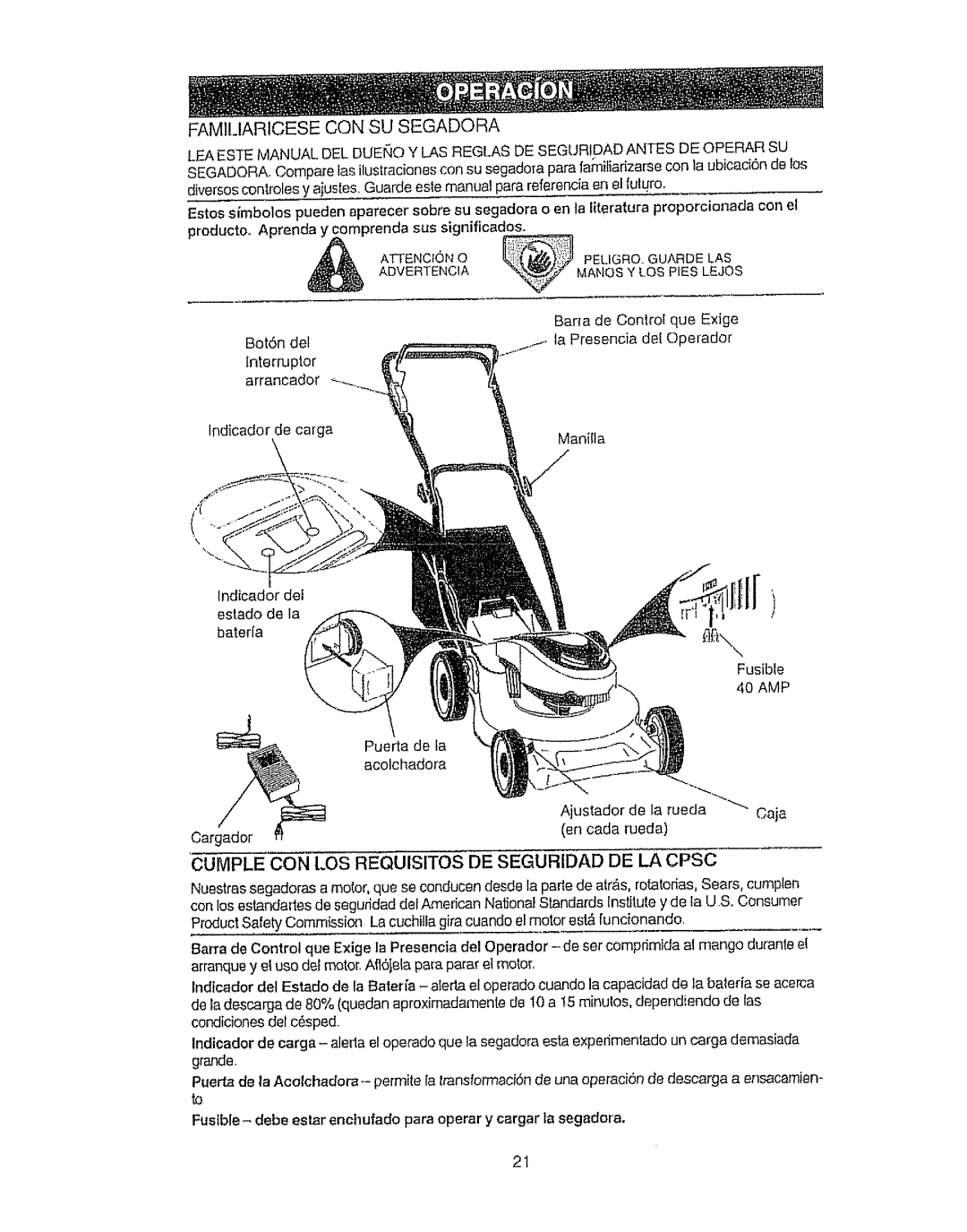 Craftsman 917.386410 owner manual Familiaricese CON SU Segadora, Cumple CON LOS Requisitos DE Seguridad DE LA Cpsc 