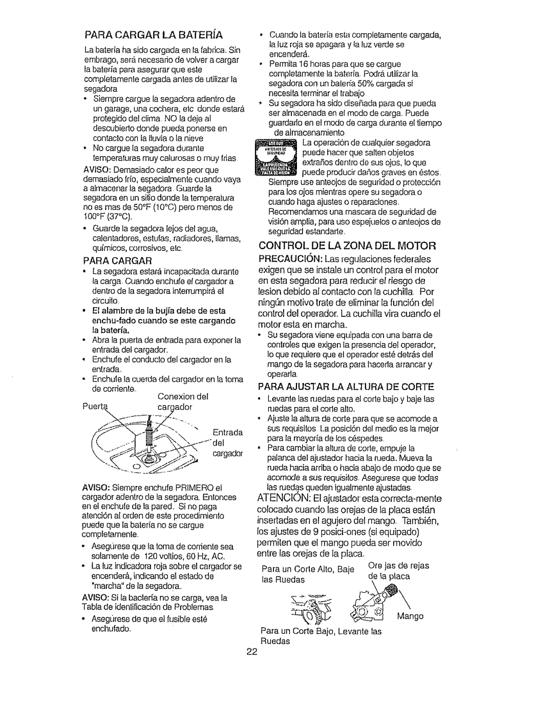 Craftsman 917.386410 Paracargar LA Bateria, CONTROL. DE LA Zona DEL Motor, Para Cargar, Para Ajustar LA Altura DE Corte 