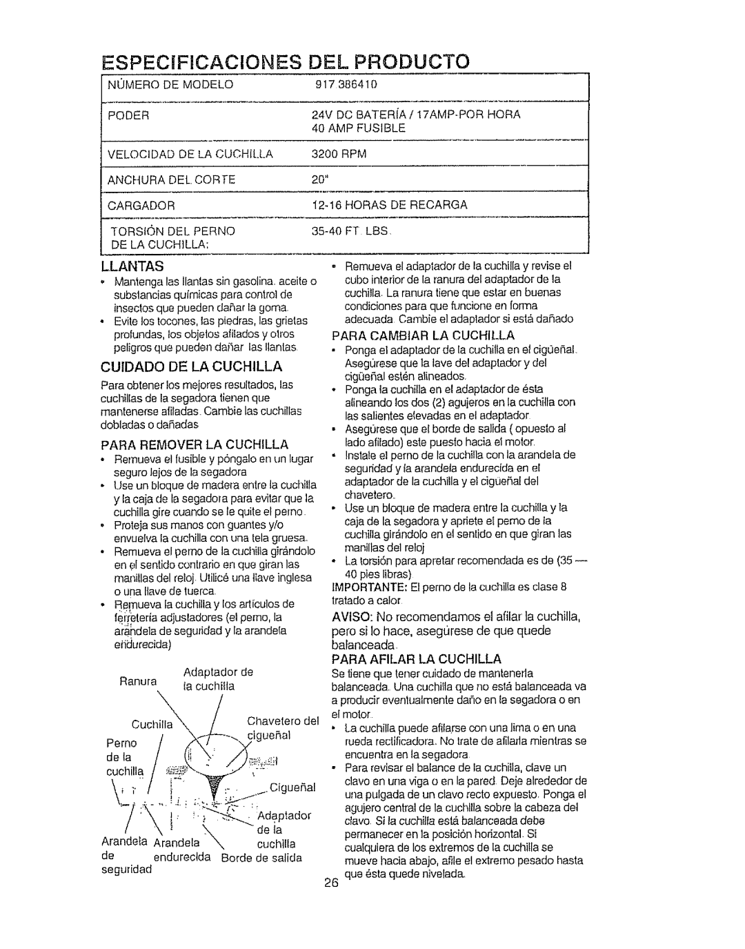 Craftsman 917.386410 owner manual Llantas, Cuidado DE LA Cuchilla 