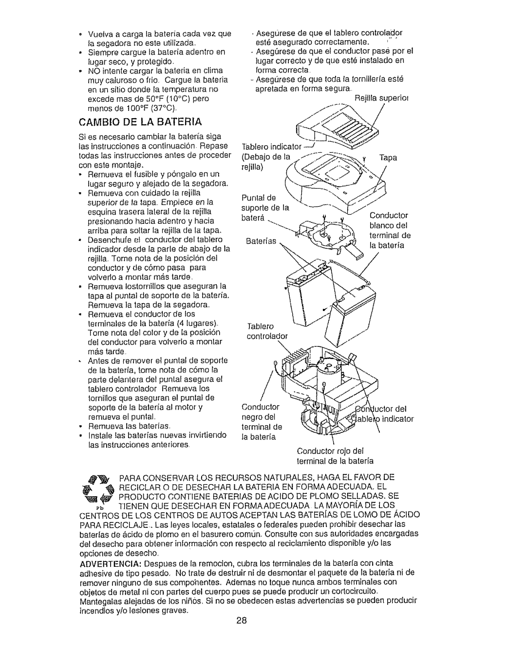 Craftsman 917.386410 owner manual Cambio DE LA Bateria 