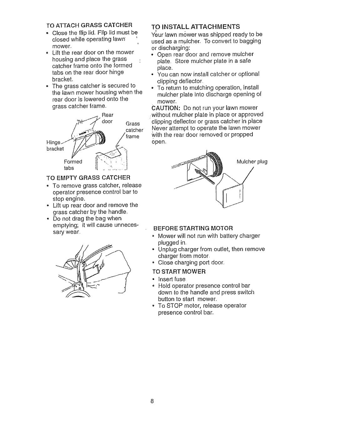 Craftsman 917.386410 Toattachgrasscatcher, To Empty Grass Catcher, To Install Attachments, Before Starting Motor 