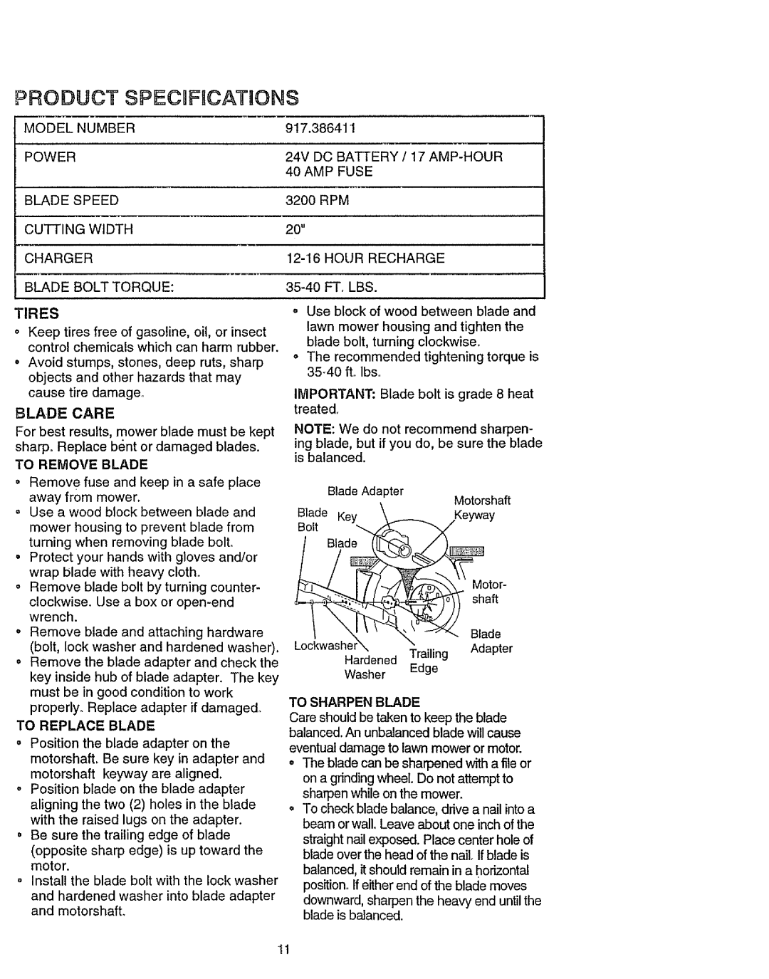 Craftsman 917.386411 manual Blade Care, To Sharpen Blade 