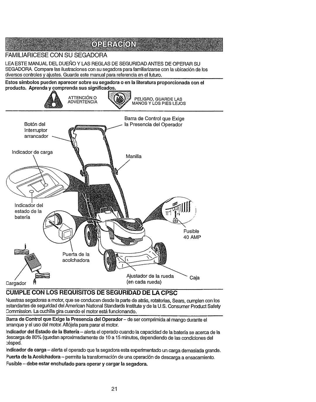 Craftsman 917.386411 manual Familiaricese CON SU Segadora, Cumple CON LOS Requisitos DE Seguridad DE LA Cpsc, Spod 