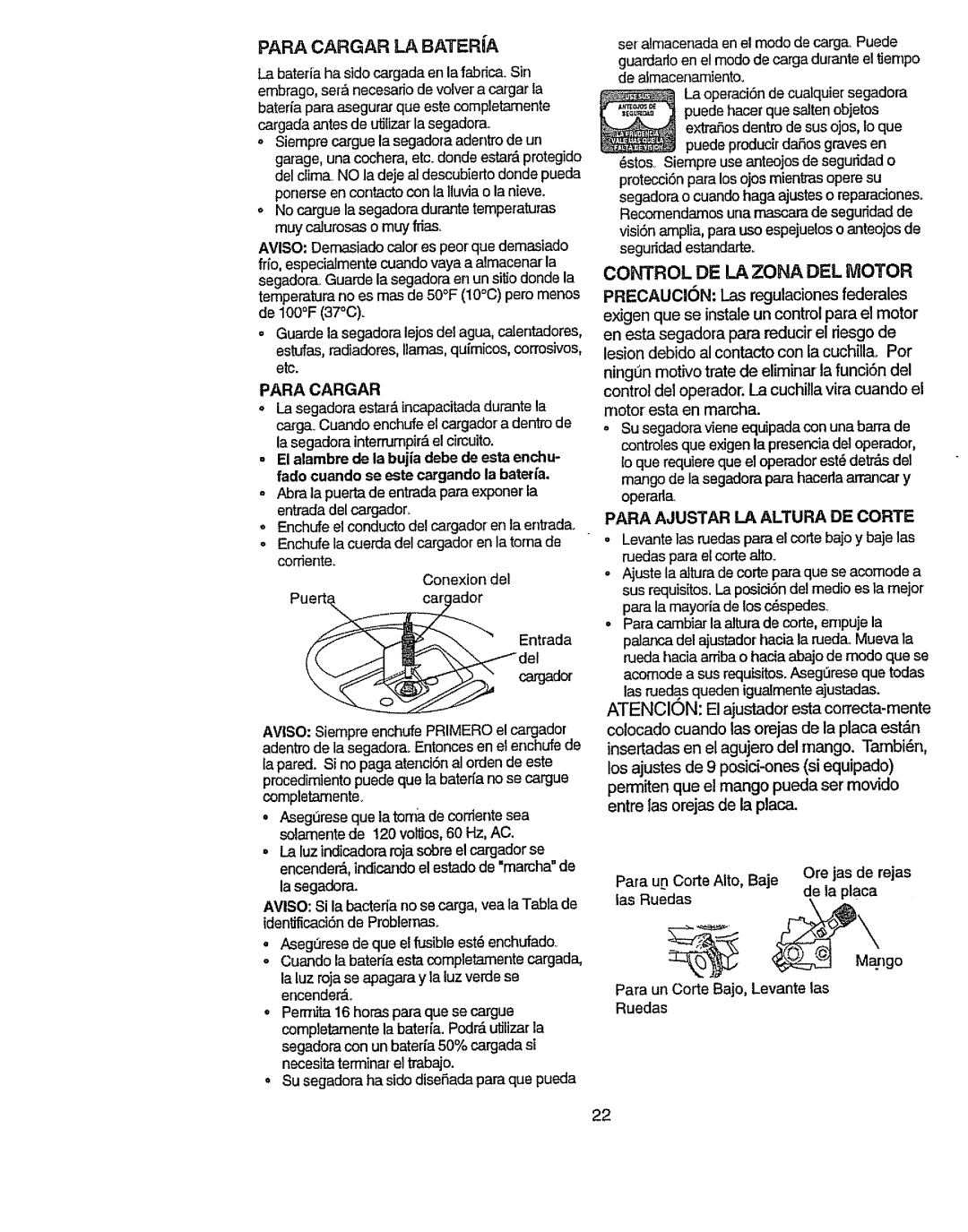 Craftsman 917.386411 manual Para Cargar LA Bateria, Control DE LA Zona DEL Motor, Atencion El ajustadorestacorrecta-mente 