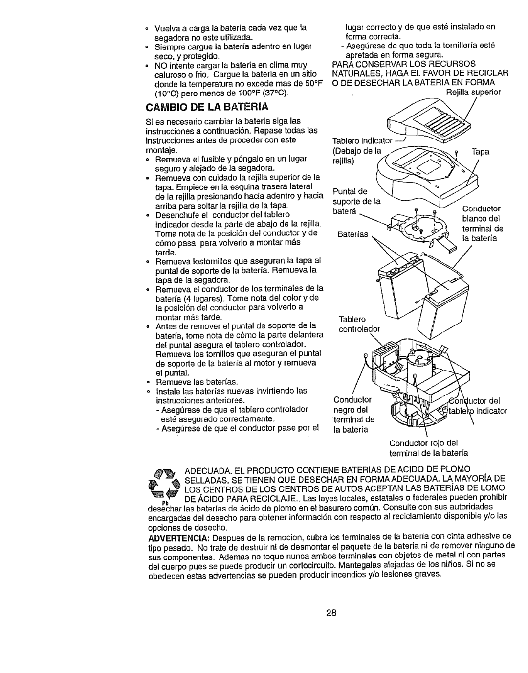 Craftsman 917.386411 manual Cambio DE LA Bateria 