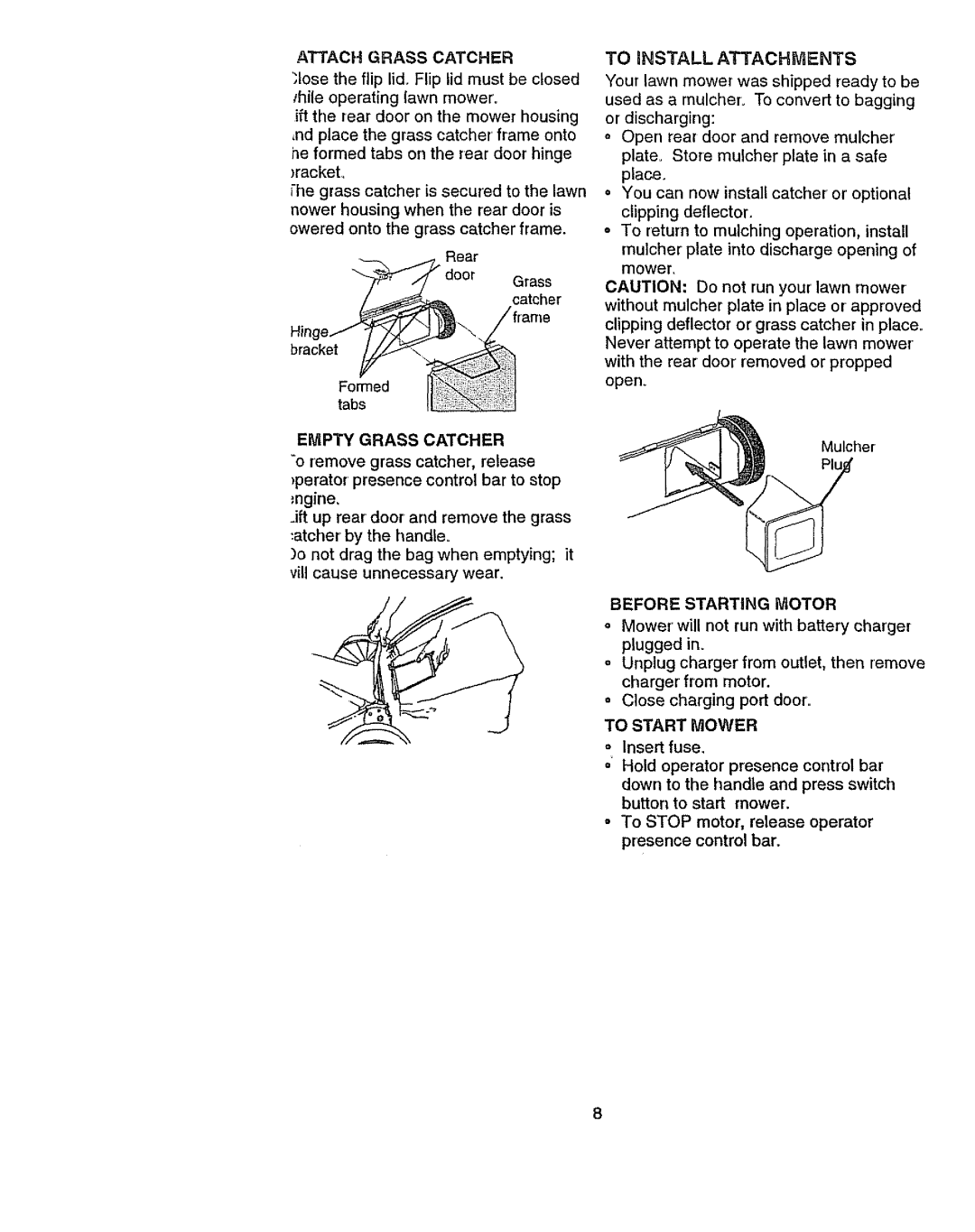 Craftsman 917.386411 manual To Install Attachments, Attach Grass Catcher, Empty Grass Catcher, Before Starting Motor 