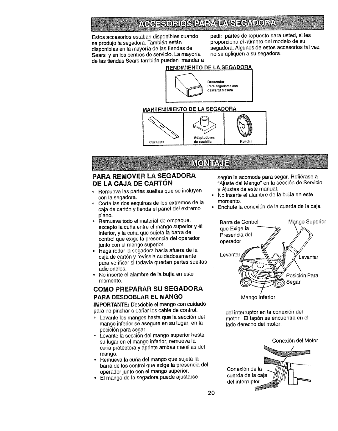 Craftsman 917.386411 manual Para Remover La Segadora De La Caja De Carton, Como Prepararsusegadora, Posici6n Para, mango 