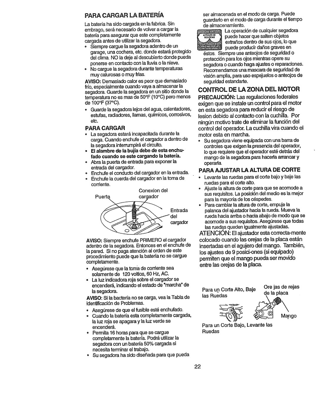 Craftsman 917.386411 manual Para Cargar La Bateria, Control De La Zona Del Motor, ATENCION: El ajustadorestacorrecta-mente 