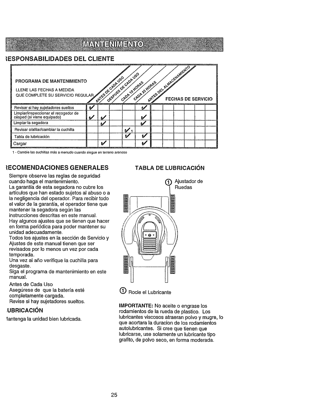 Craftsman 917.386411 manual Esponsabilidades, Del Cliente, _Ecomendaciones Generales, Programade Mantenimiento 
