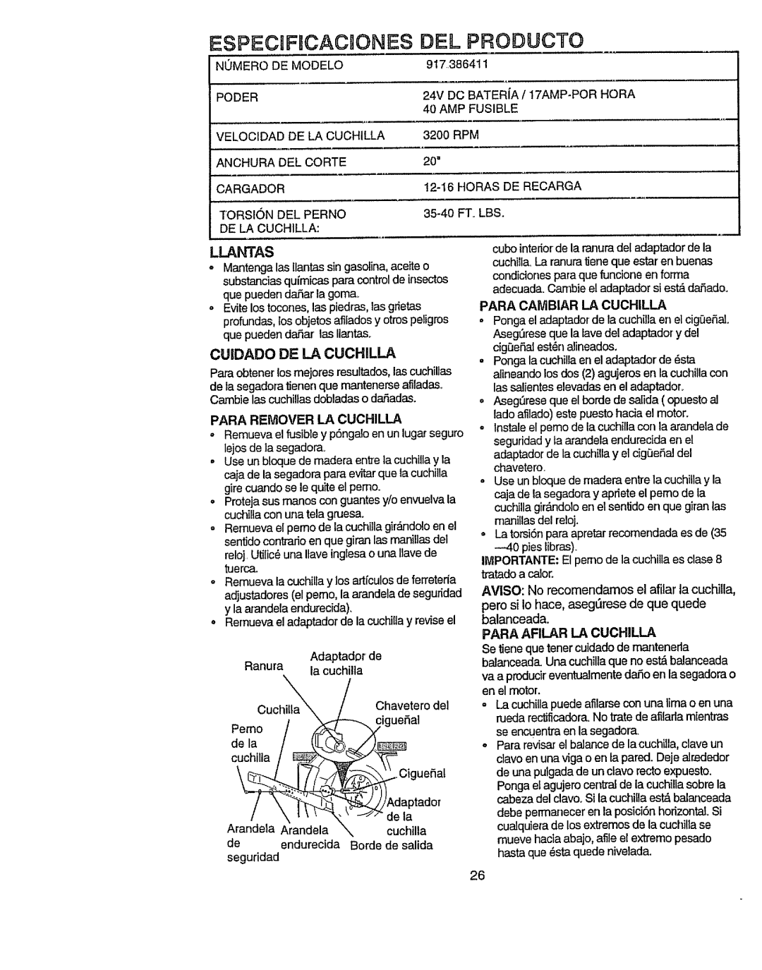 Craftsman 917.386411 manual Especjficacbones, Del Producto, Llantas, Cuidado De La Cuchilla, Para Remover La Cuchilla 