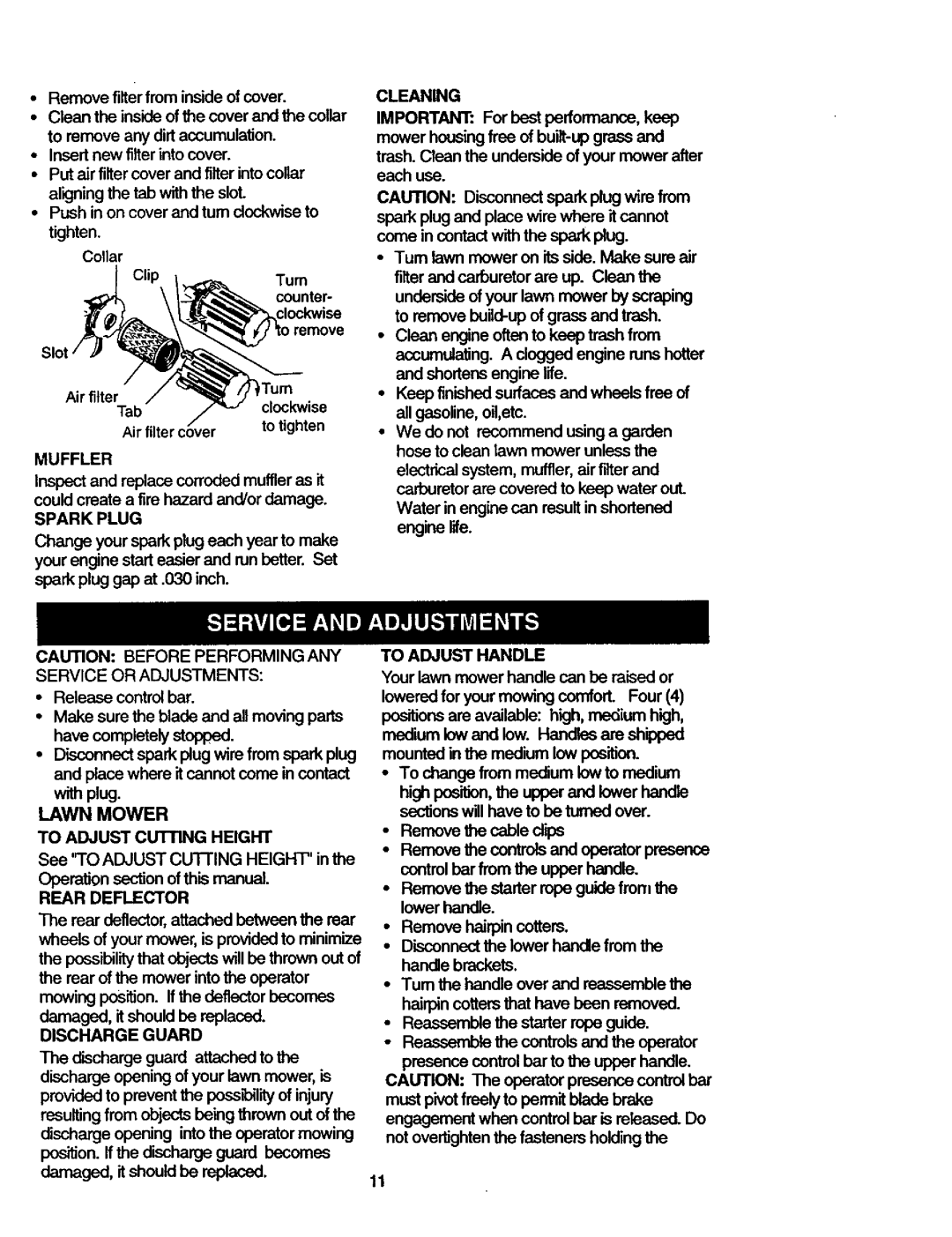 Craftsman 917.387203 Muffler, Spark Plug, Lawn Mower To Adjust Cutting Height, Rear Deflector, Discharge Guard, Cleaning 