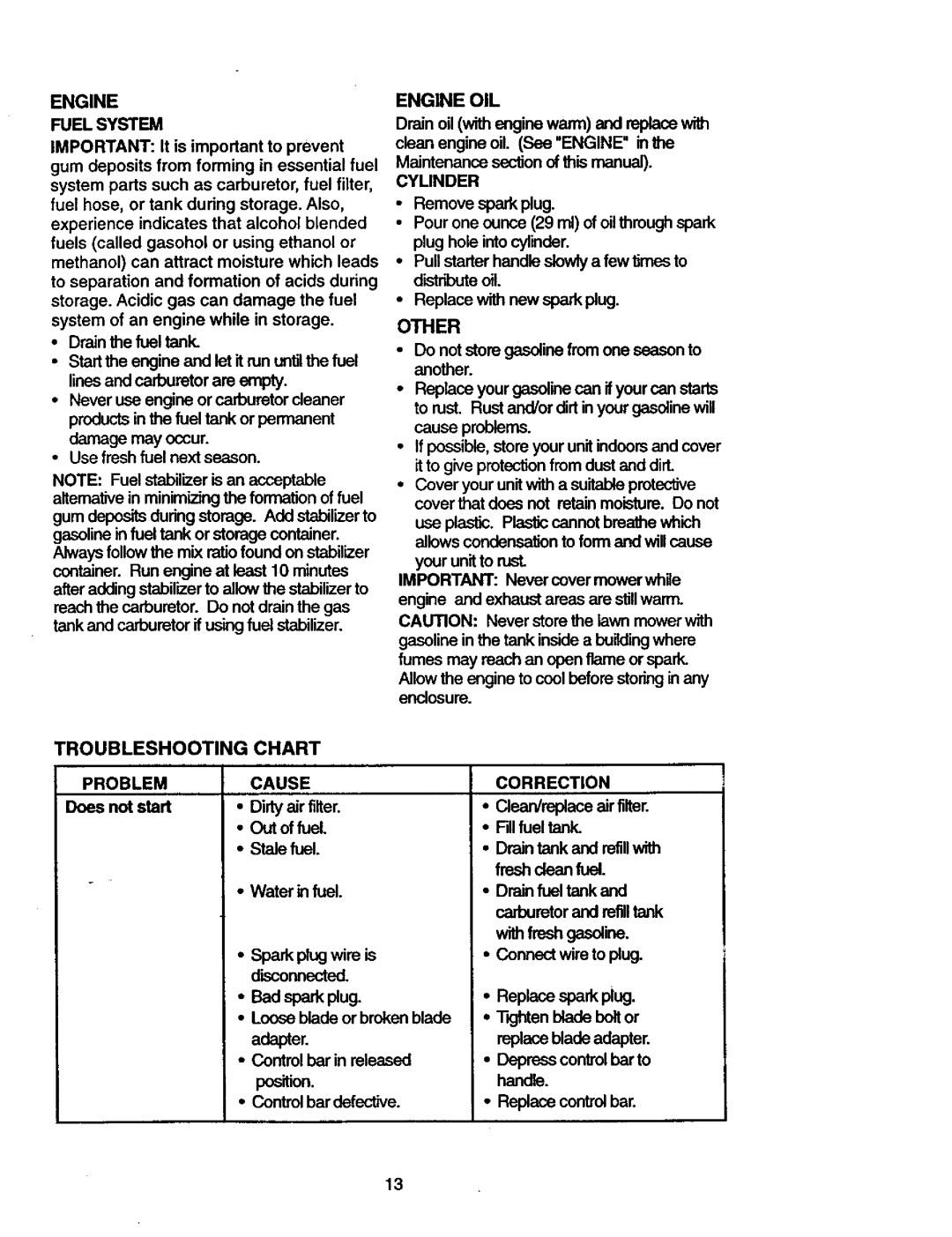 Craftsman 917.387203 owner manual Engine OIL, Troubleshooting Chart, Correction, Clean/replaceairfilter Rflfuel tank 