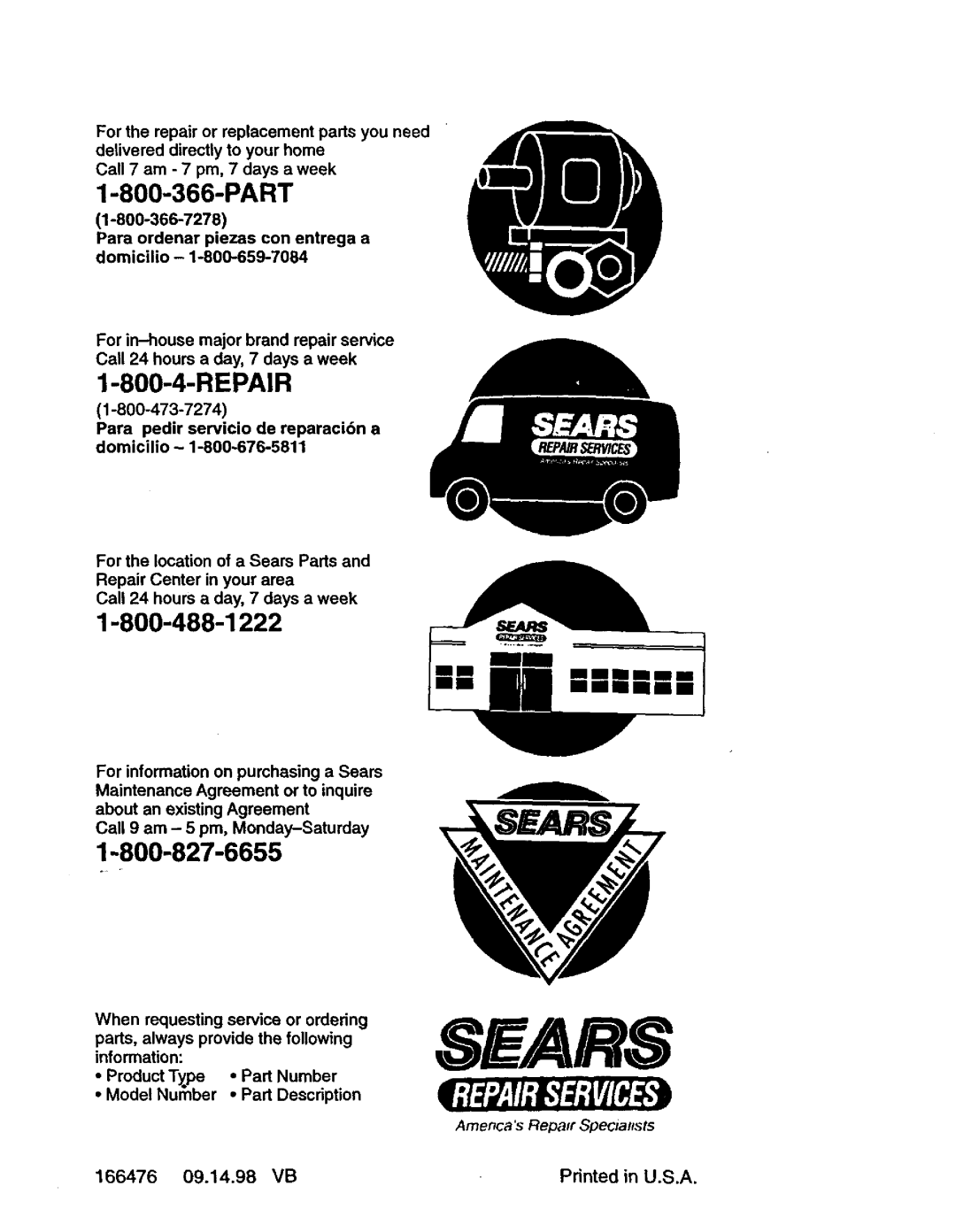 Craftsman 917.387203 owner manual Part, 166476 09.14.98 Printedin U.S.A 