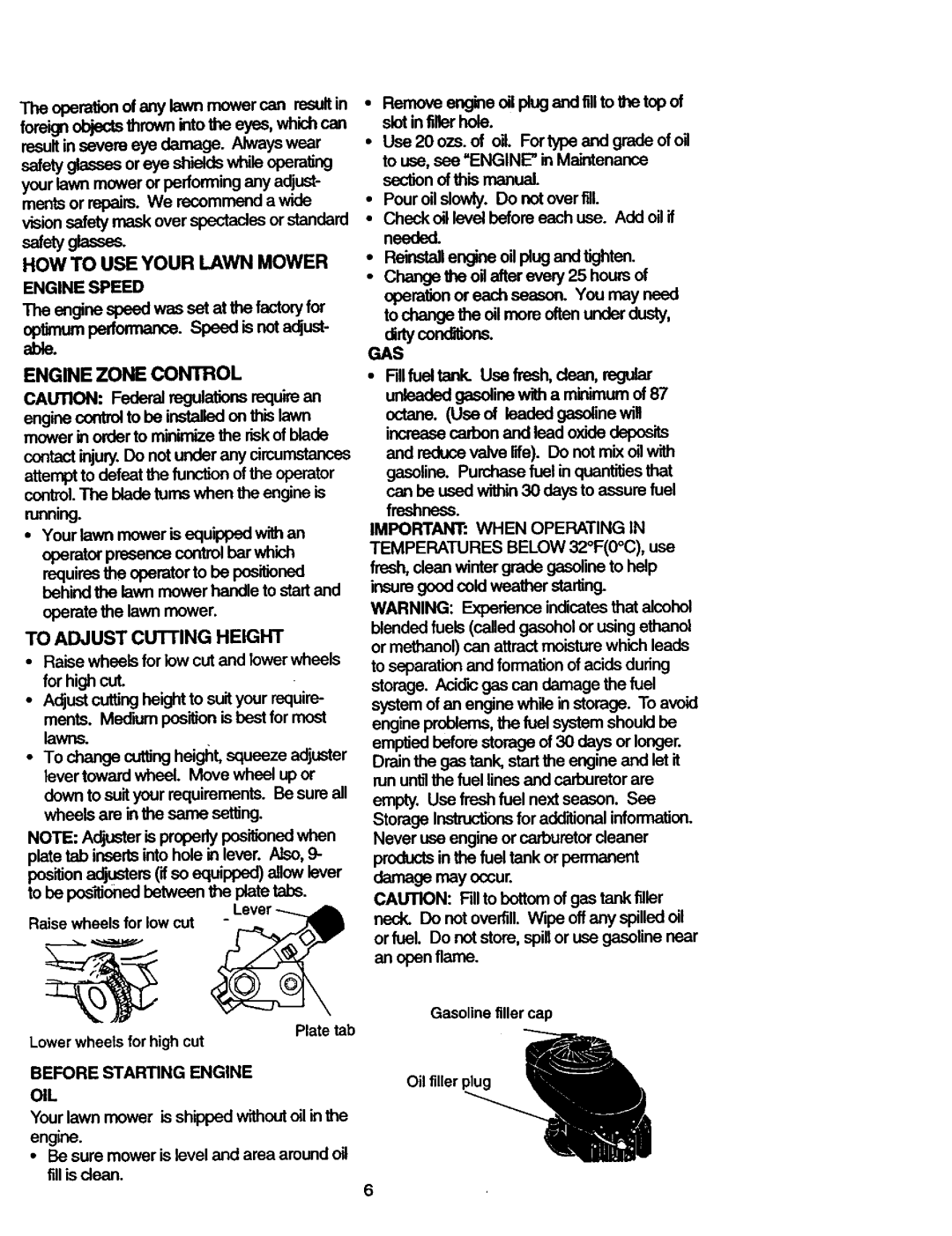 Craftsman 917.387203 owner manual Engine Zone Control, HOW to USE Your Lawn Mower, Gas, To Adjust Cutting Height 