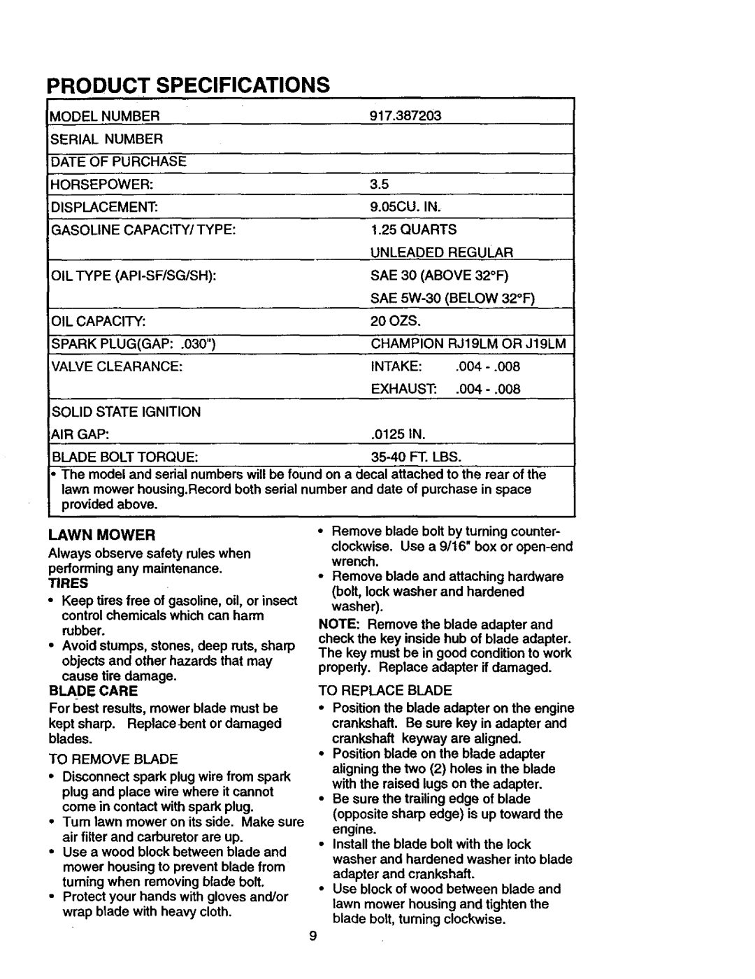 Craftsman 917.387203 owner manual Lawn Mower 