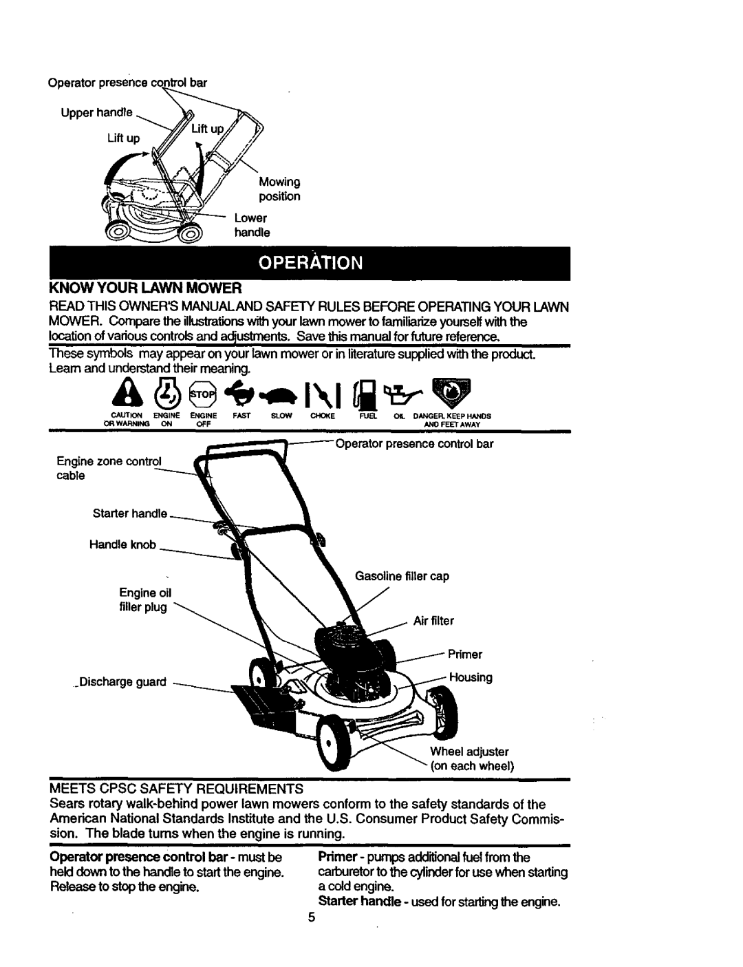 Craftsman 917.387203 owner manual Operatorpresencecontrolbar Upperhandle@kiflupS, Know Your Lawn Mower 