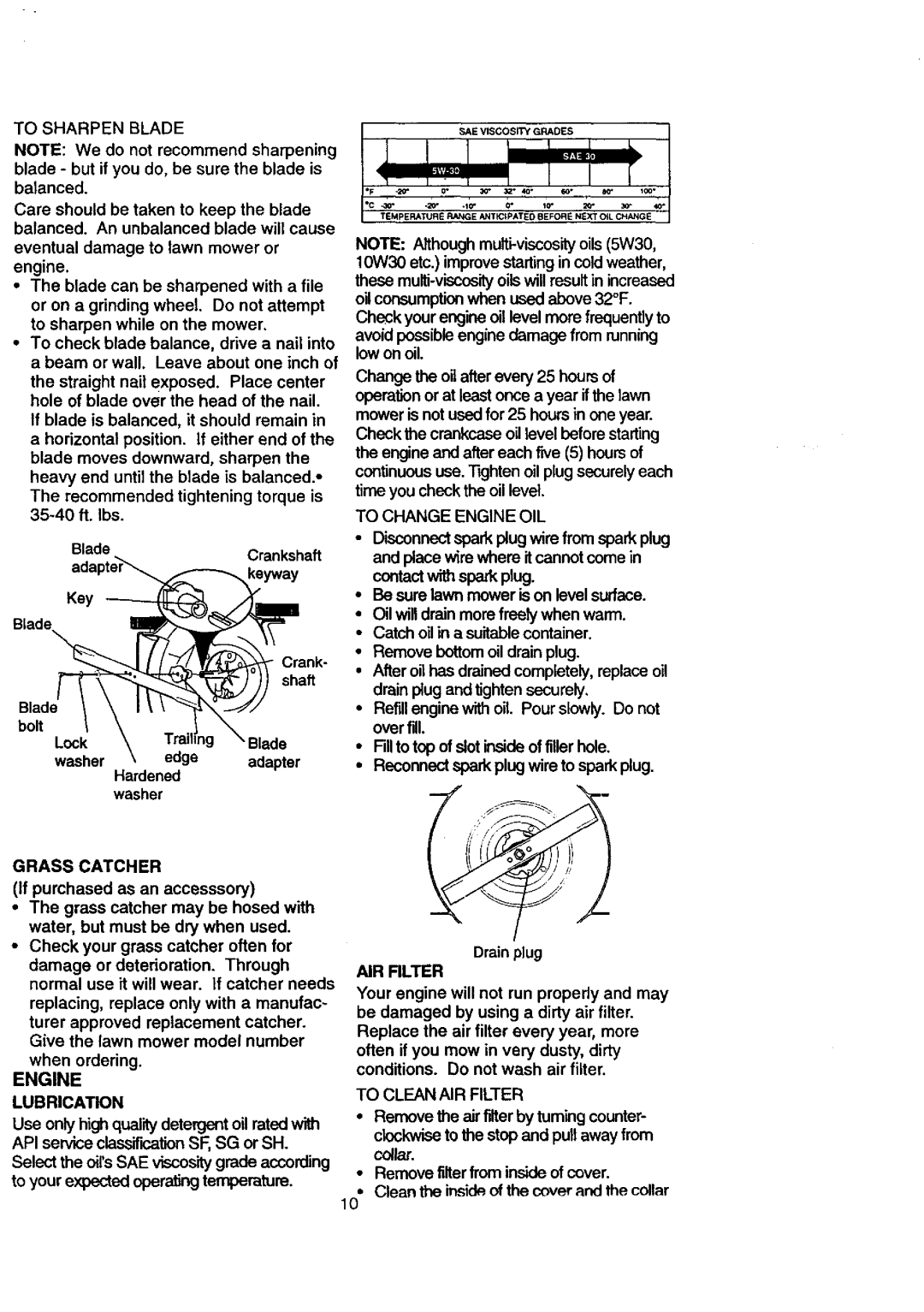 Craftsman 917.387205 owner manual Grass Catcher, Engine Lubrication, To Change Engine OIL, AIR Rlter, To Clean AIR Filter 