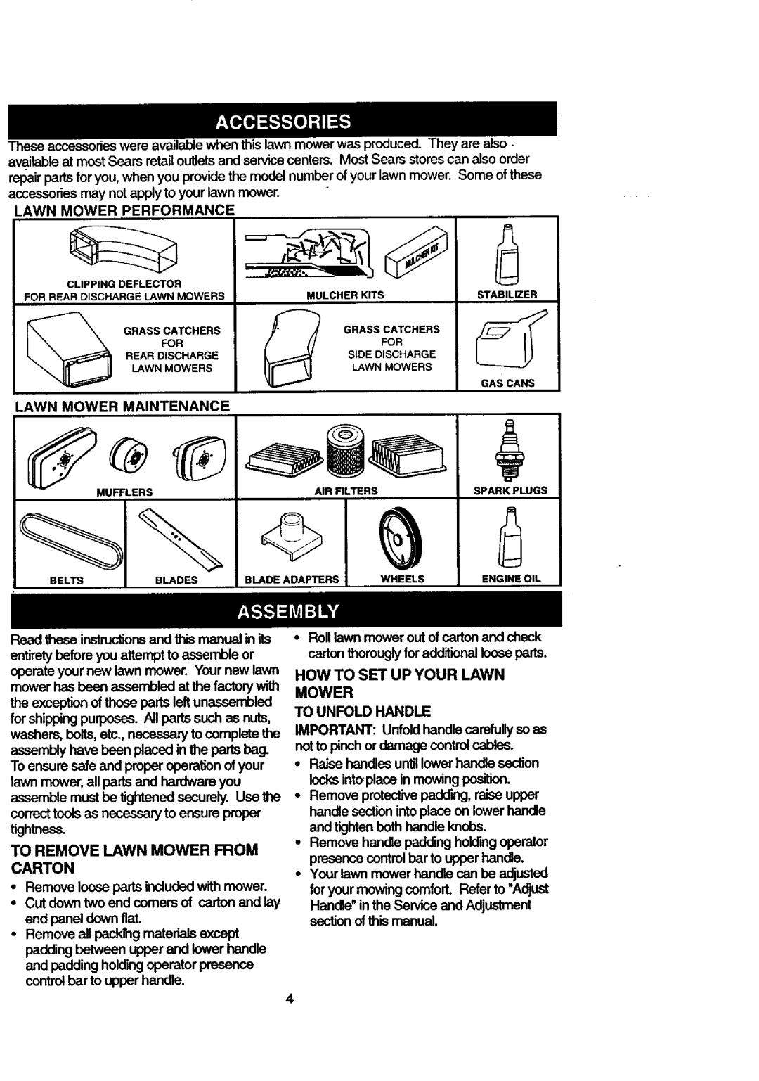 Craftsman 917.387205 Lawn Mower Performance, Lawn Mower Maintenance, To Remove Lawn Mower from Carton, To Unfold Handle 