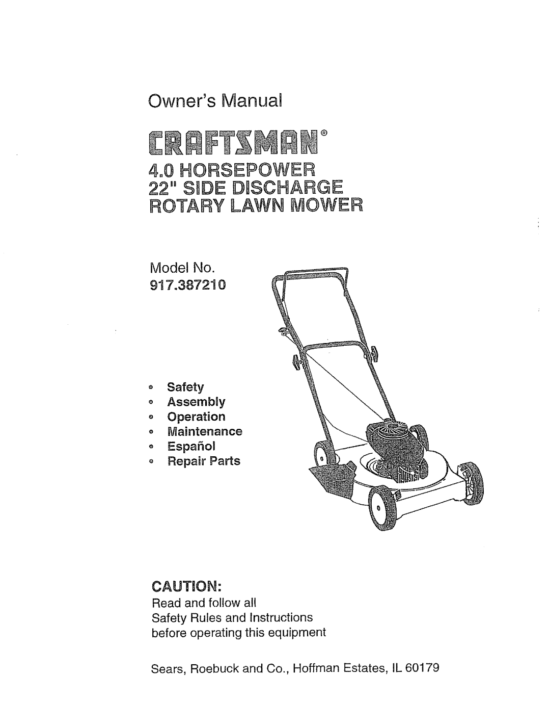 Craftsman 917.38721 owner manual Horsepower 