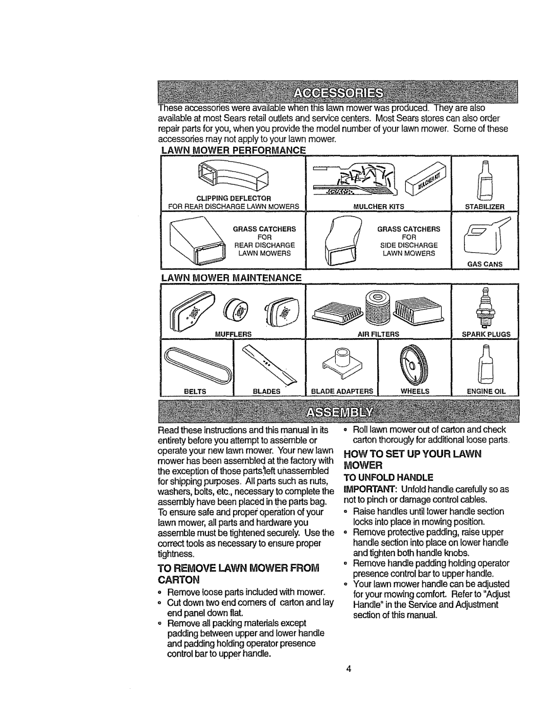 Craftsman 917.38721 owner manual Lawn Mower Performance, Lawn Mower Maintenance, Carton 