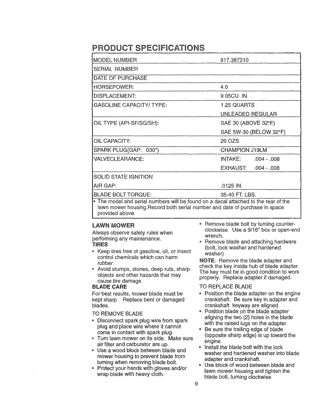 Craftsman 917.38721 owner manual Tires 