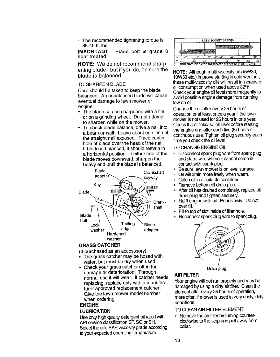 Craftsman 917.38721 owner manual NOTE We do not recommend sharp, Grass Catcher, Air Filter 