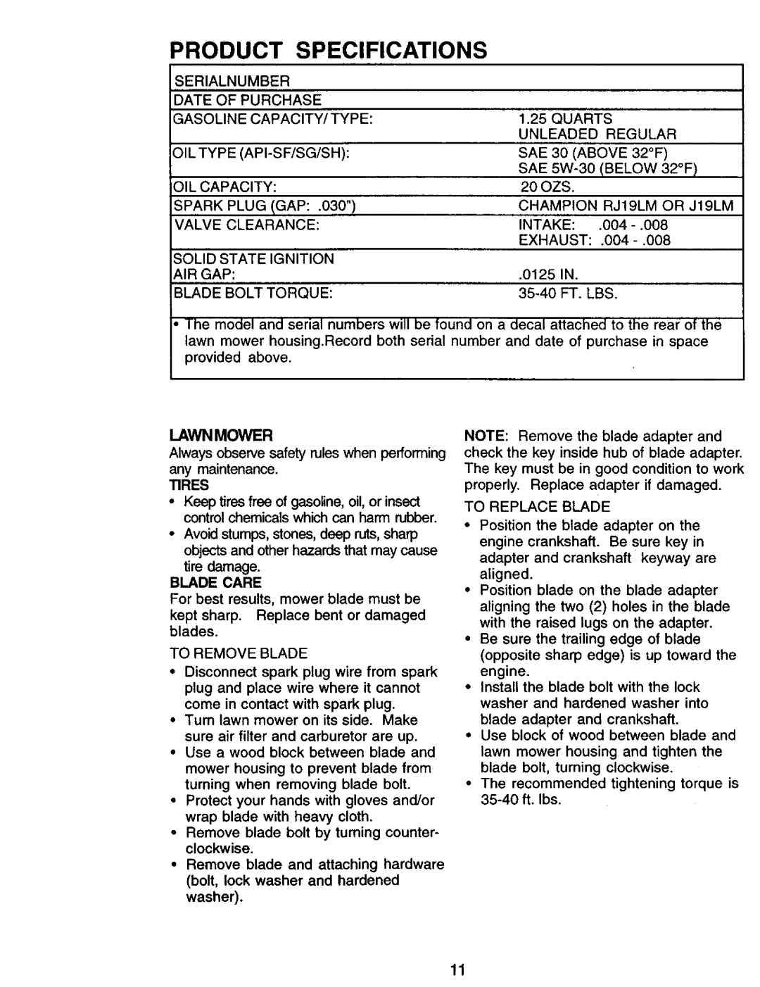 Craftsman 917.387258 owner manual Serialnumber, Ignition, Lawn Mower, Tires, Blade Care 