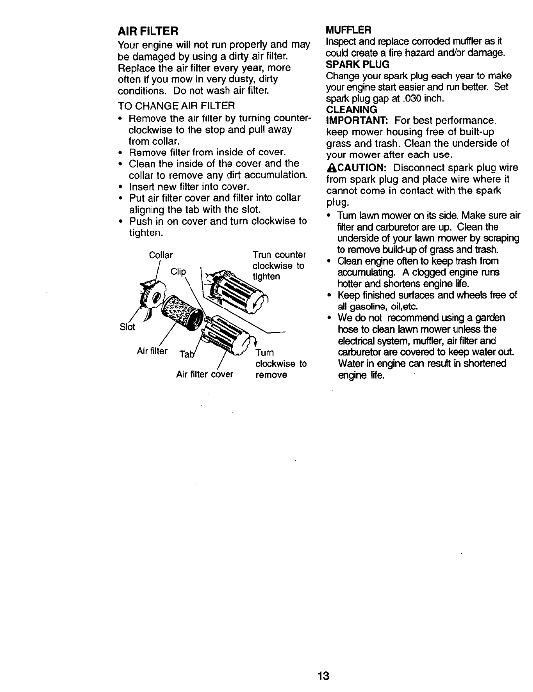 Craftsman 917.387258 owner manual Muffler, Could create a fire hazard and/or damage, Spark Plug, Cleaning 