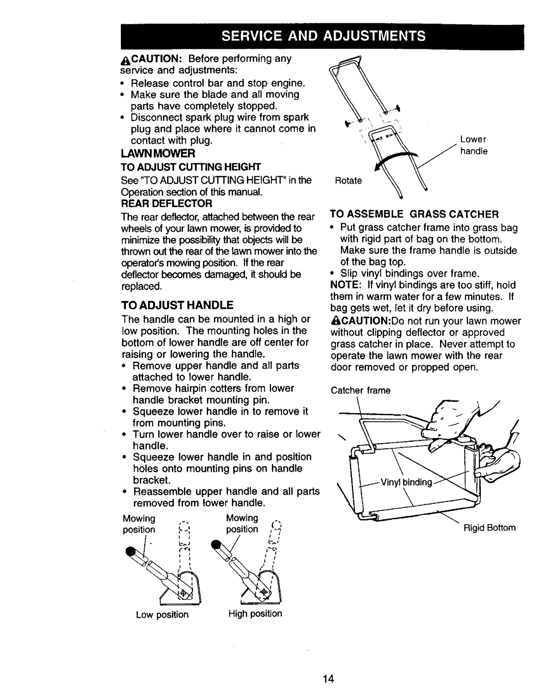 Craftsman 917.387258 owner manual To Adjust Handle, Lawn Mower To Adjust Cutting Height, To Assemble Grass Catcher 