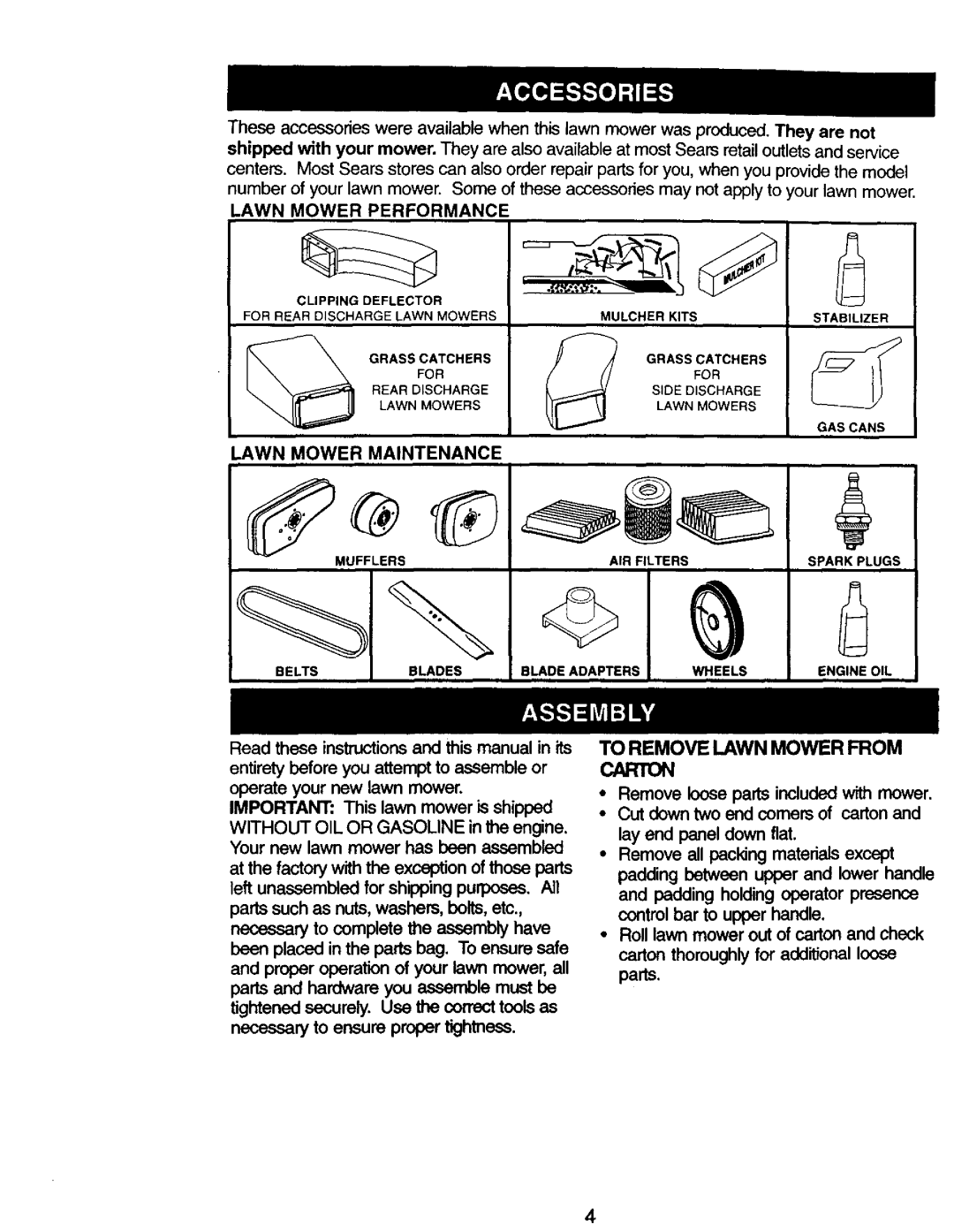 Craftsman 917.387258 owner manual To Remove Lawn Mower From Carton 