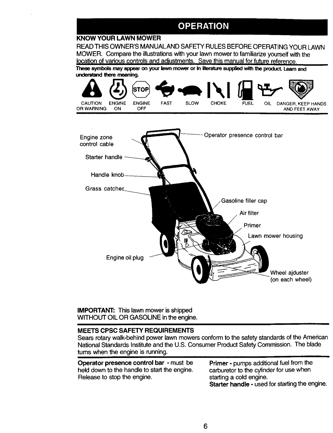 Craftsman 917.387258 Know Your Lawn Mower, IMPORTANT This lawn mower is shipped, Meets Cpsc Safety Requirements 
