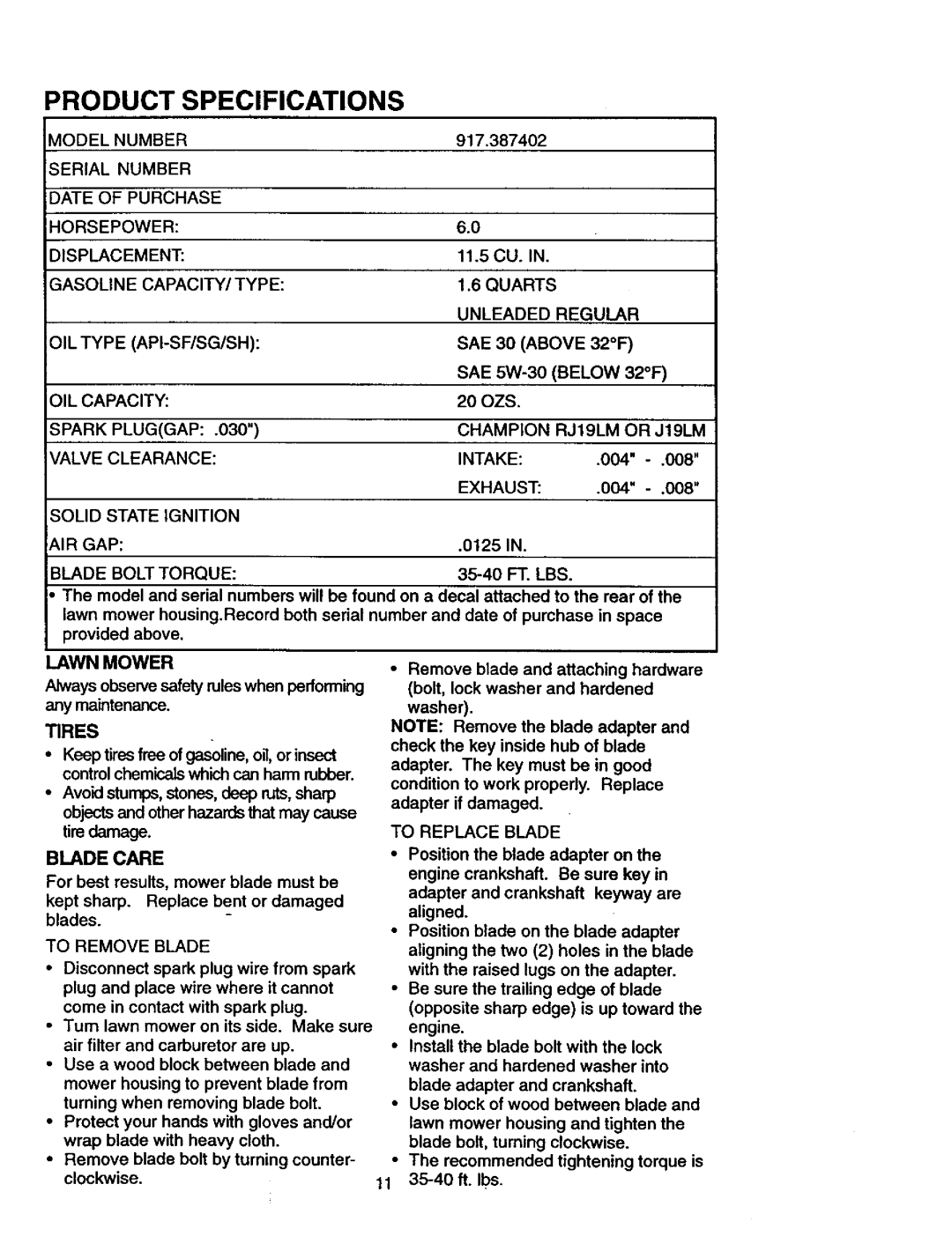 Craftsman 917.387402 owner manual Blade Care, Tires, Lawn Mower 