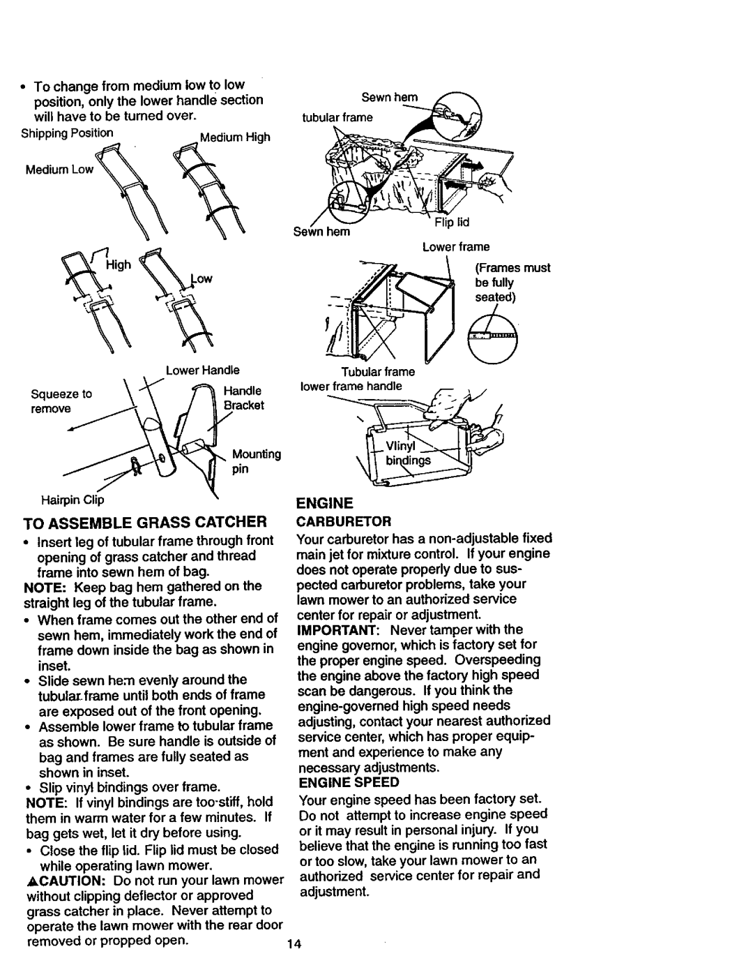 Craftsman 917.387402 owner manual To Assemble Grass Catcher, Carburetor, Engine Speed 