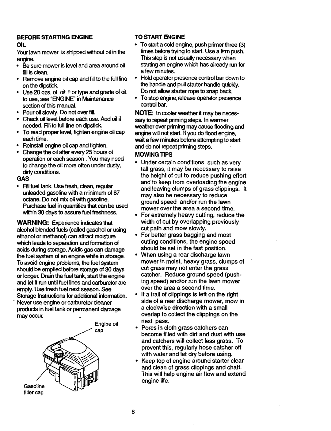 Craftsman 917.387402 owner manual Gas, To Start Engine, Mowing Tips 