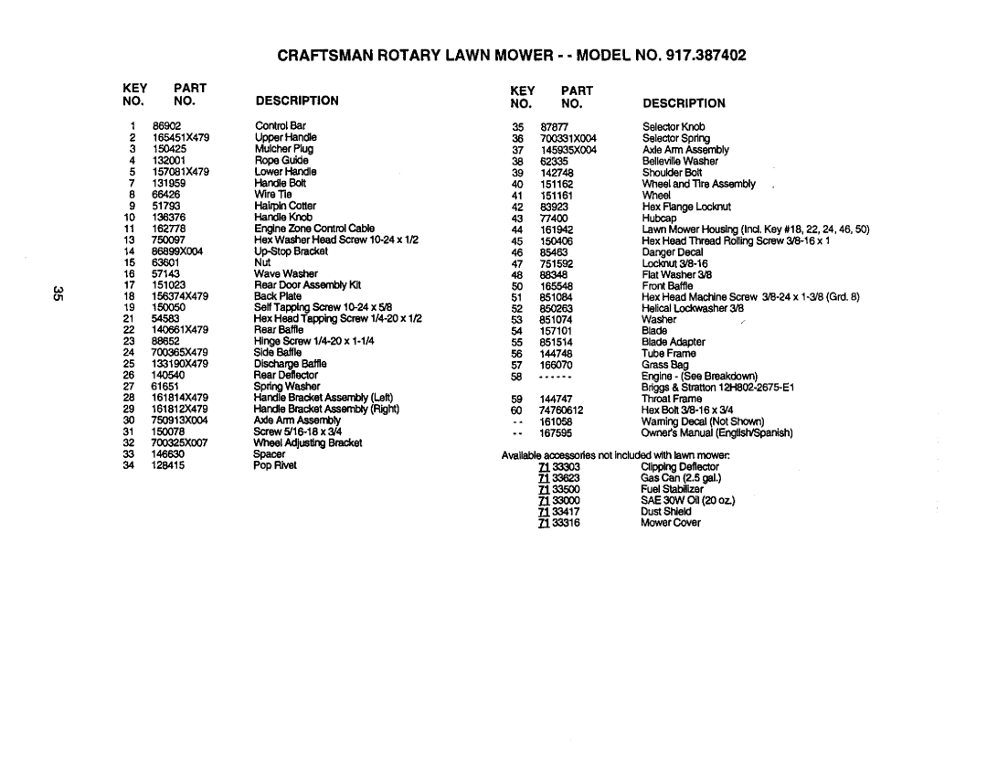 Craftsman 917.387402 owner manual Craftsman Rotary Lawn Mower - - Model No, spacer 