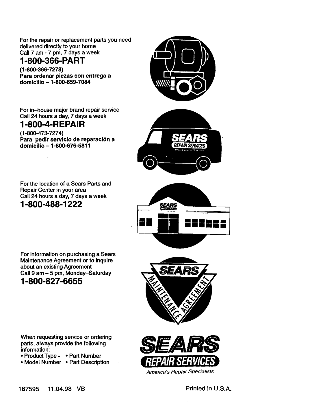Craftsman 917.387402 owner manual 167595, 11.04.98, Sears, mmmmmm, Amencas Repair SpecialtSt5 