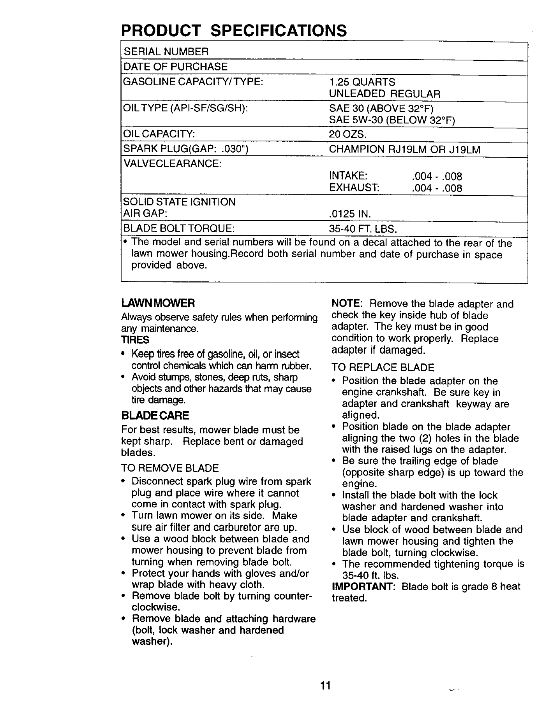 Craftsman 917.38741 owner manual Lawn Mower, Blade Care, Api-Sf/Sg/Sh Sae, Tires 