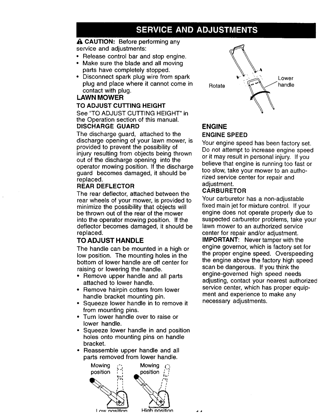 Craftsman 917.38741 owner manual Lawn Mower To Adjust Cutting Height, To Adjust Handle, Position, Engine Speed 