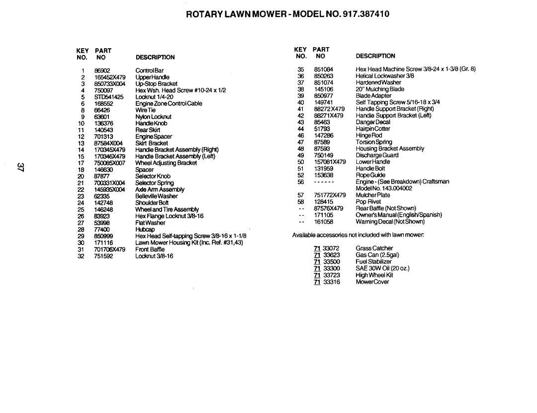 Craftsman 917.38741 owner manual Hubcap, 71333OO 