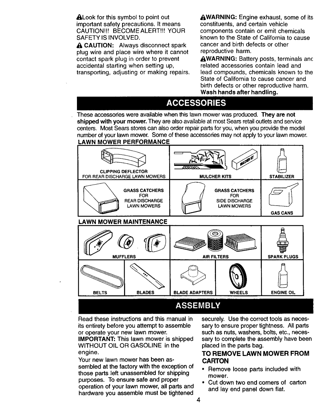 Craftsman 917.38741 owner manual Lawn Mower Performance, Lawn Mower Maintenance, Carton 