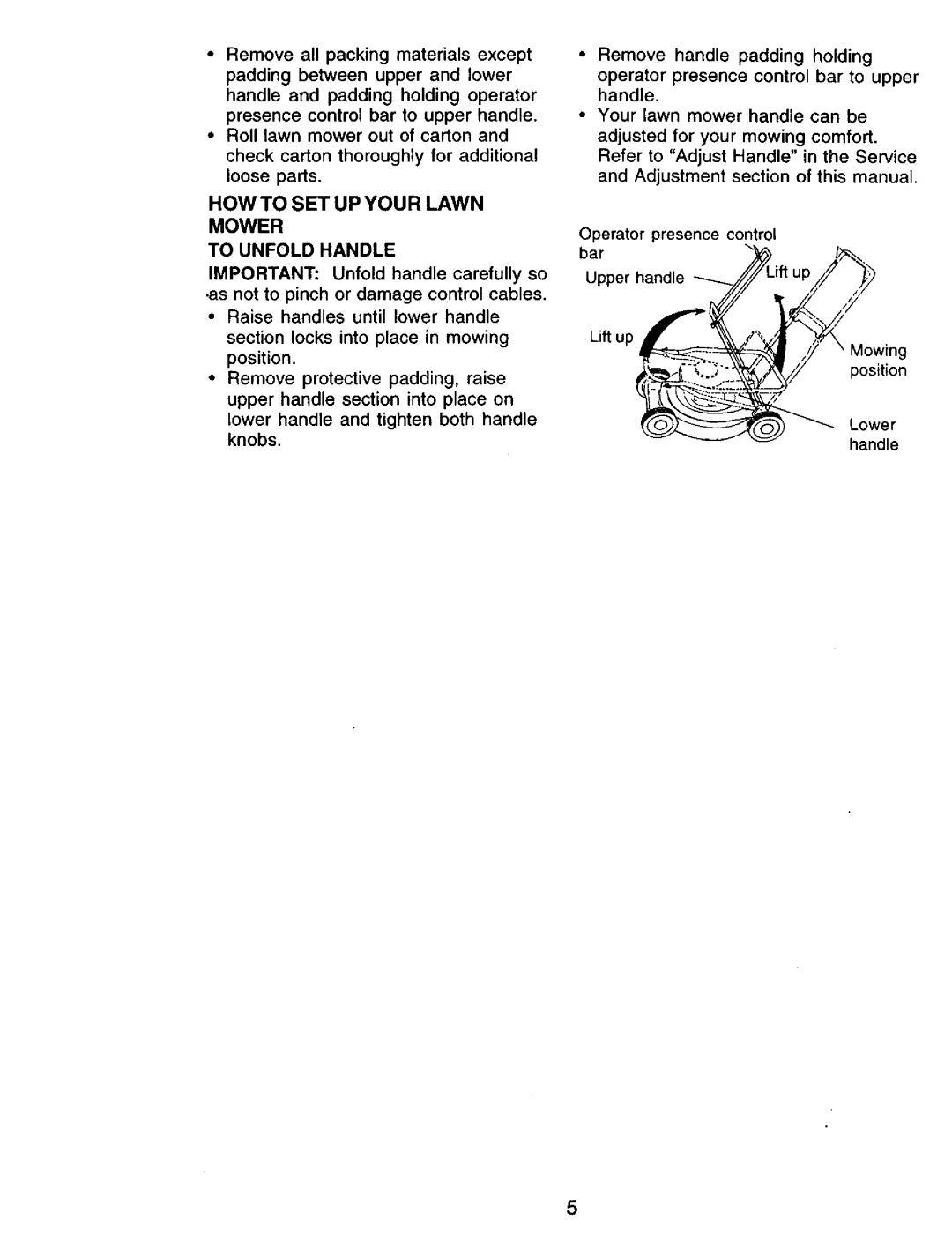 Craftsman 917.38741 owner manual HOW to SET UP Your Lawn Mower, To Unfold Handle 