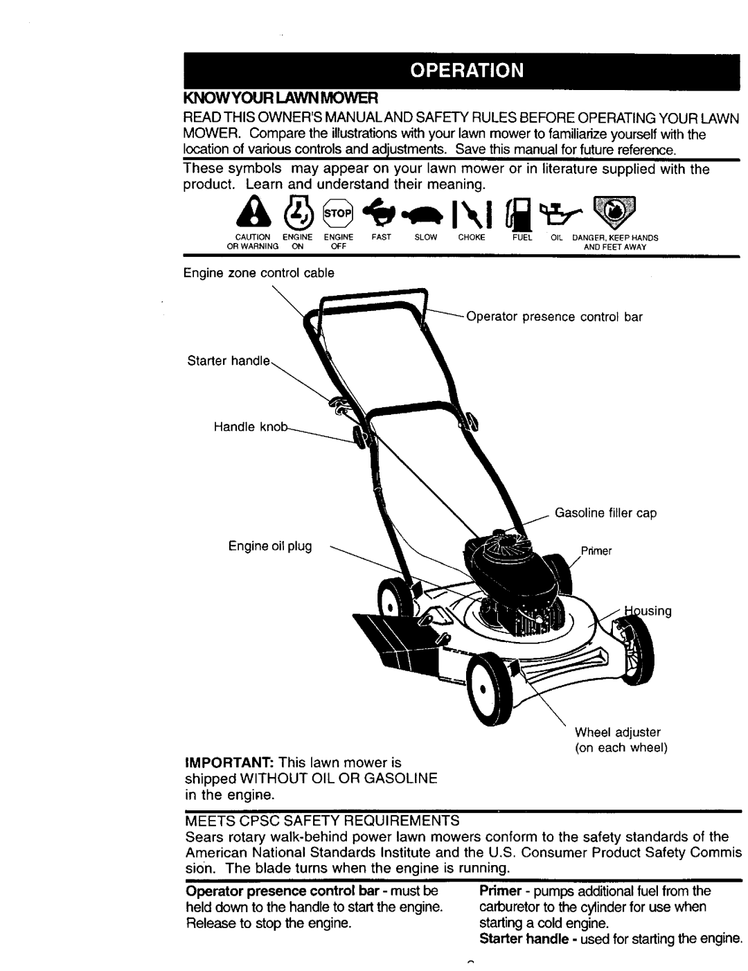 Craftsman 917.38741 Knowyour Lawn Mower, Meets Cpsc Safety Requirements, Starter handle used for startingthe engine 