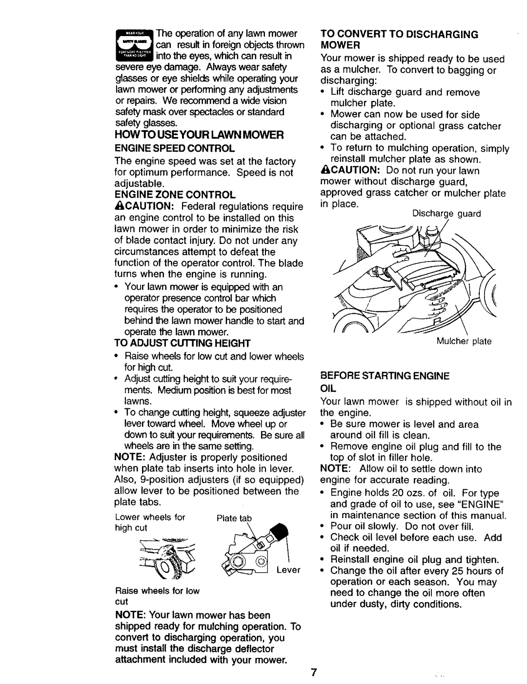 Craftsman 917.38741 owner manual Howto Useyour Lawn Mower Engine Speed Control, To Convert to Discharging Mower, Oil 